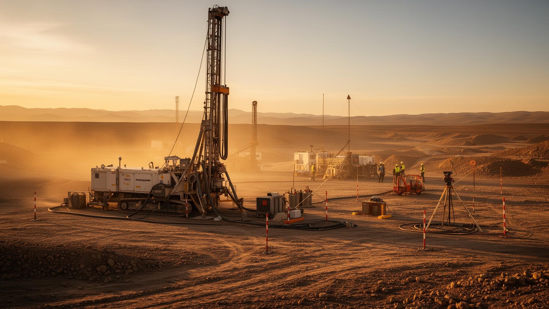 Exploration drill rig and survey team on a Mongolian field site at sunrise